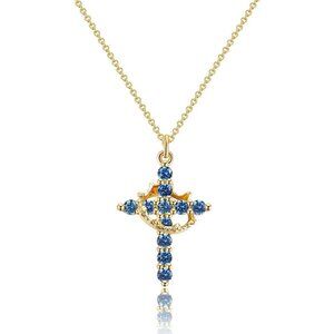 Women M09 Sapphire Blue, Sep 14K Gold Plated Crown Cross Necklace - Non-Tarnish